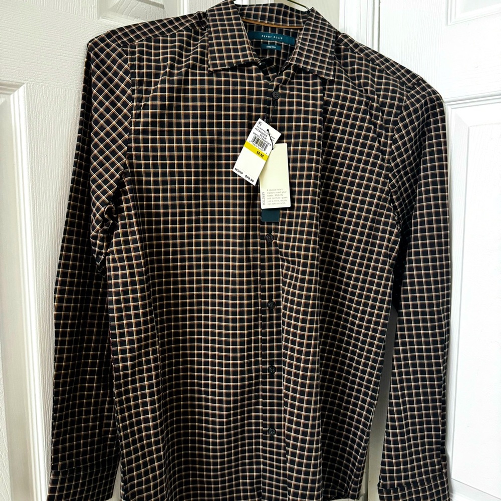 NWT- Perry Ellis Brown Checkered Print Men’s Button Down| Size Medium